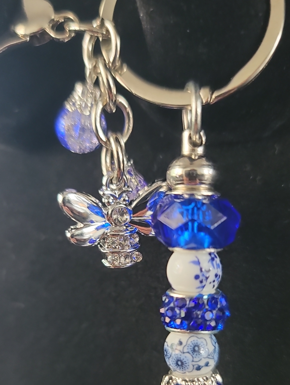 Blue Beaded Keychain Charm with Dangle Bee Accent - Picture 2 of 2